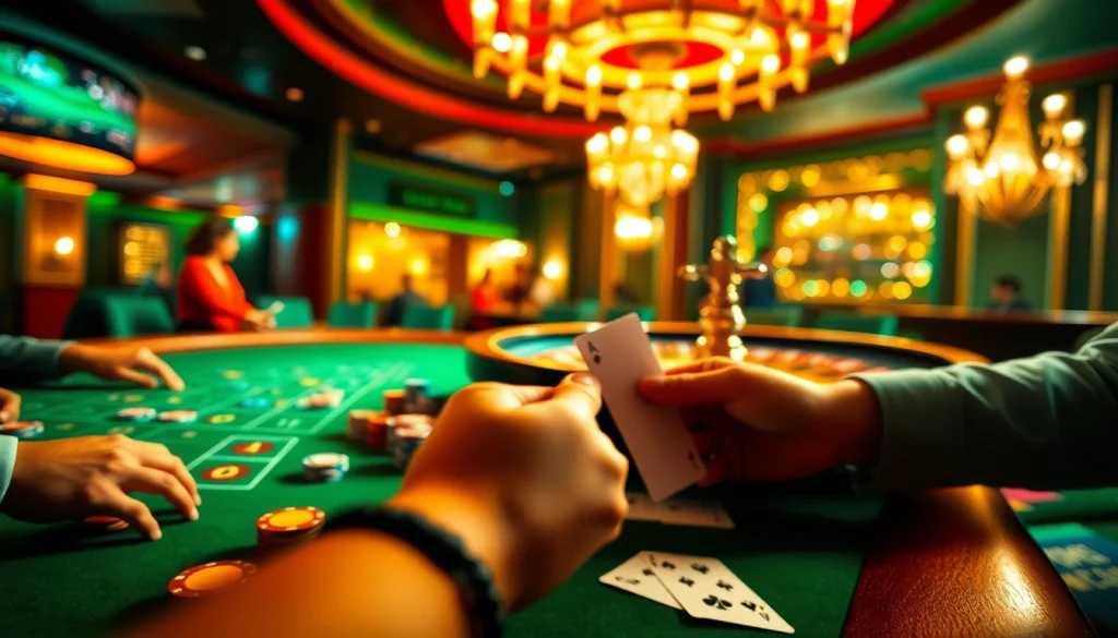 Experience the thrill of betting at 13WIN1 with a vibrant casino scene featuring poker and roulette.